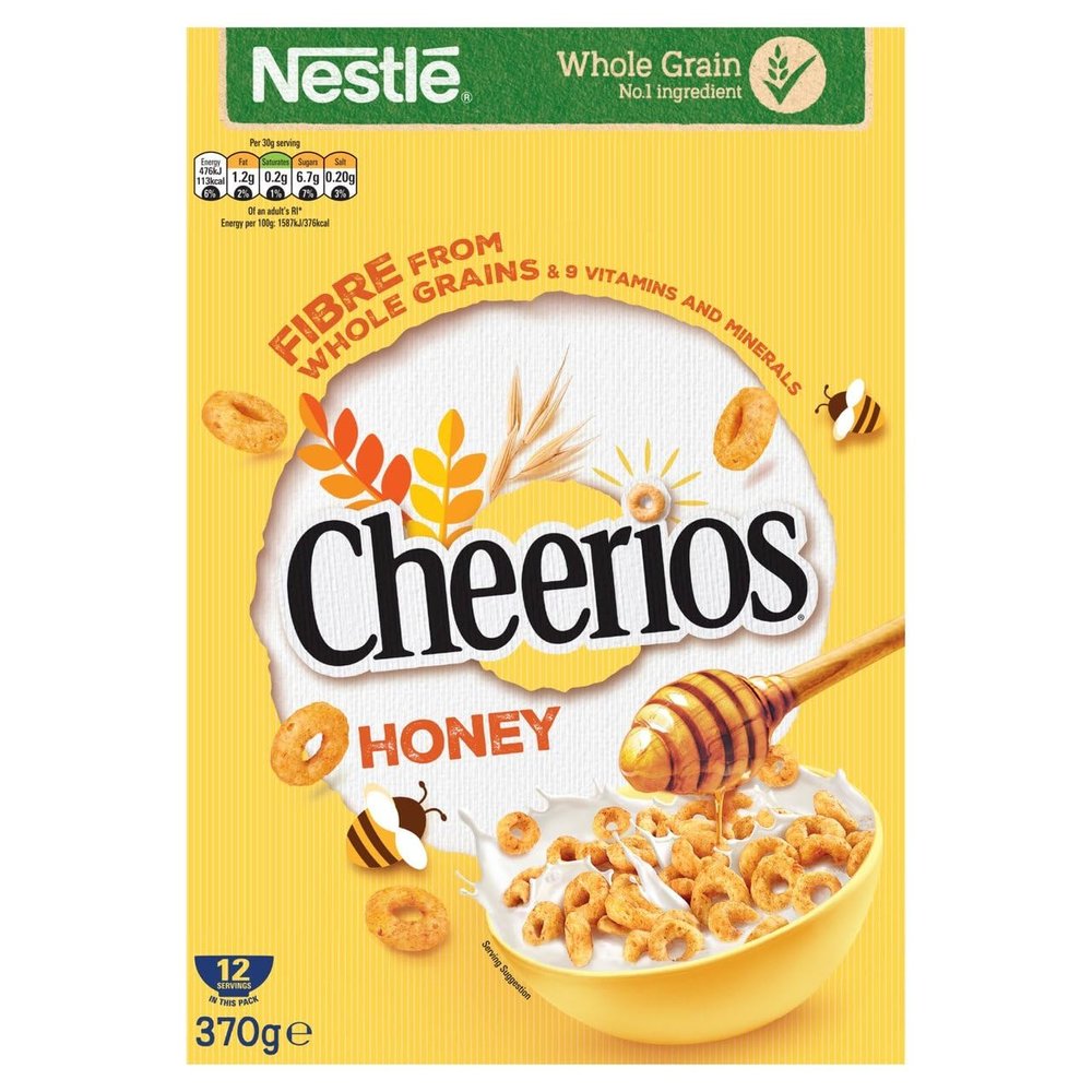 FreshCart Basics Nestle Cheerios Honey Cereal 370g - 2 Pack | Breakfast Cereal Fiber From Whole Grains & 9 Vitamins and Minerals.