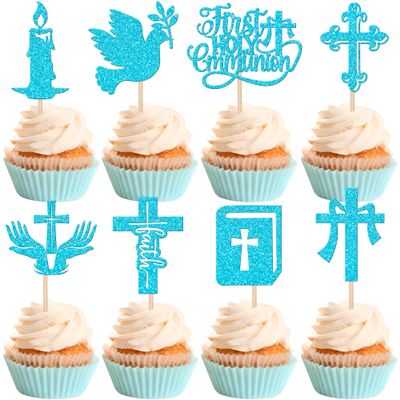 Rsstarxi 24 Pack First Holy Communion Cupcake Toppers Dove God Bless Cross Cupcake Picks First Communion Cake Decorations for Baby Shower Baptism Theme Party Decorations Blue