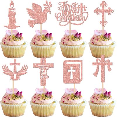 Rsstarxi 24 Pack First Holy Communion Cupcake Toppers Glitter Dove God Bless Cross Cupcake Picks for First Communion Baby Shower Baptism Theme Party Cake Decorations Rose Gold