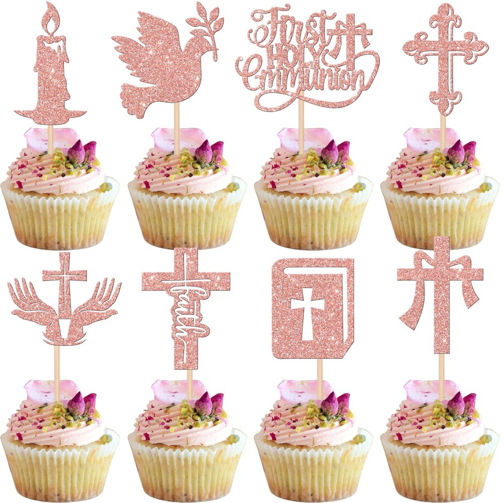 Rsstarxi 24 Pack First Holy Communion Cupcake Toppers Glitter Dove God Bless Cross Cupcake Picks for First Communion Baby Shower Baptism Theme Party Cake Decorations Rose Gold