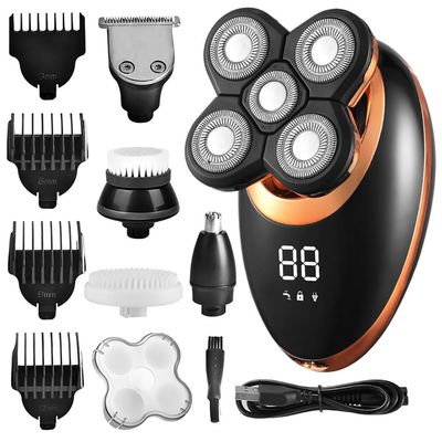 Electric Razor for Men, Electric Shaver for Men Beard Hair Trimmer Electric Razor 5D Floating Five Blade Heads Electric Nose Hair Trimmer LCD Display (Color : Golden)