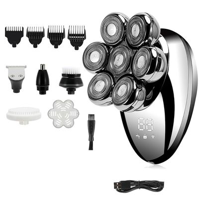 Electric Razor for Men, 5 in 1 7D Rechargeable Bald Head Shavers Kit for Men USB LED Display Electric Razor Heads Beard Ear Nose Hair Facial Trimmer (Color : Silver)