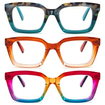 MMOWW 3-Pack Oversized Reading Glasses for Women - Anti Blue Light Glasses with Square Frame (Hawksbill blue+Orange+Rainbow, +1.25)