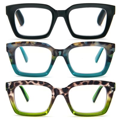 MMOWW 3-Pack Oversized Reading Glasses for Women - Anti Blue Light Glasses with Square Frame (Black+Hawksbill blue+Hawksbill green, +3.5)
