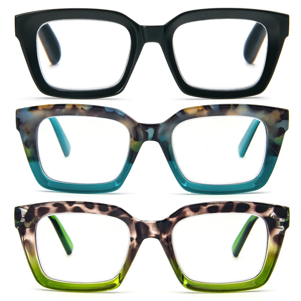 MMOWW 3-Pack Oversized Reading Glasses for Women - Anti Blue Light Glasses with Square Frame (Black+Hawksbill blue+Hawksbill green, +3.5)
