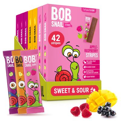 Bob Snail Fruit Leather Stripes  Mix Flavors Raspberry, Blackcurrant, Mango  Sugar Free, Vegan, Natural Healthy Fruit Snacks for Adults and Kids, Bulk Candy Family Box, 42 Bars (Pack of 7, 588g)