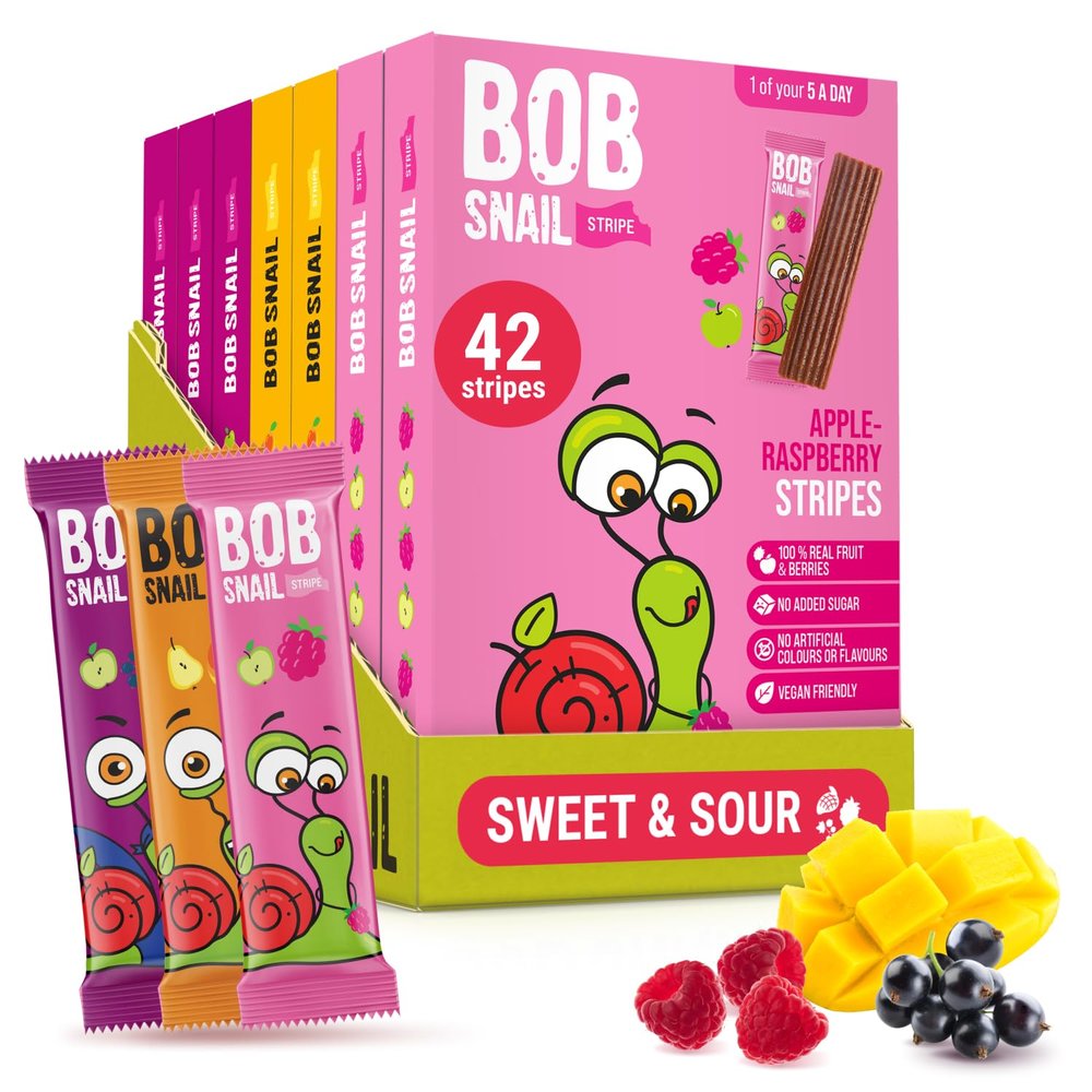 Bob Snail Fruit Leather Stripes  Mix Flavors Raspberry, Blackcurrant, Mango  Sugar Free, Vegan, Natural Healthy Fruit Snacks for Adults and Kids, Bulk Candy Family Box, 42 Bars (Pack of 7, 588g)