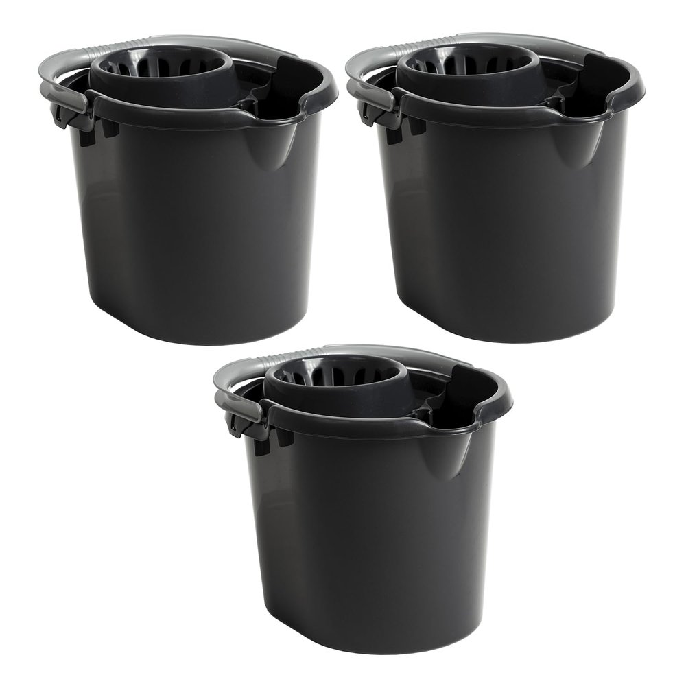 3 X 16L Litre Mop Bucket with easy Strong grip carry Handle 39 x 30 x 29.50cm Floor Cleaning Bucket Spout Mop Press Bucket Cleaning Carts household mop bucket with removable wringer (Midnight Greyish)
