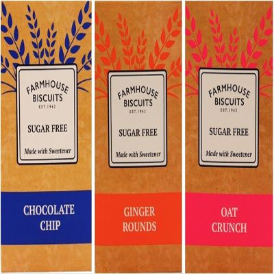 Farmhouse Sugar Free Biscuits For Diabetics Multipack Selection Vareity Box by Zamfoods, for all occasions I Pack of 3 x 150g I - Oat Crucnh, Ginger Rounds & Choc Chip Cookies (Bundle 1 (3 x 150g))