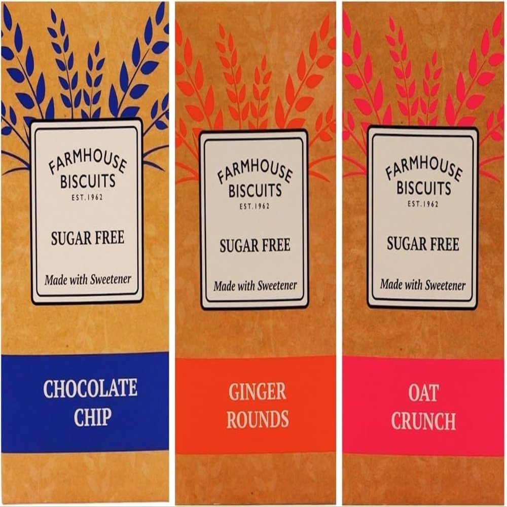 Farmhouse Sugar Free Biscuits For Diabetics Multipack Selection Vareity Box by Zamfoods, for all occasions I Pack of 3 x 150g I - Oat Crucnh, Ginger Rounds & Choc Chip Cookies (Bundle 1 (3 x 150g))