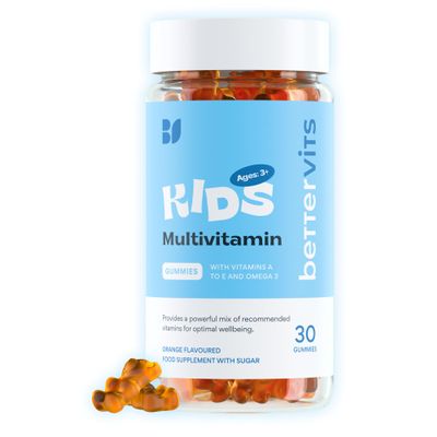 Bettervits Kids Multivitamin Gummies - 9 Essential Kids Vitamins and Minerals | Vitamins A, B6, B12, C, D, E with Omega 3 - Supports Wellbeing and Growth | 30 Orange Flavoured Chewable Gummies