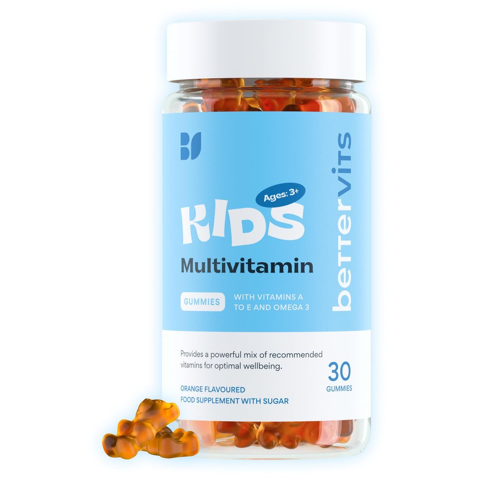 Bettervits Kids Multivitamin Gummies - 9 Essential Kids Vitamins and Minerals | Vitamins A, B6, B12, C, D, E with Omega 3 - Supports Wellbeing and Growth | 30 Orange Flavoured Chewable Gummies