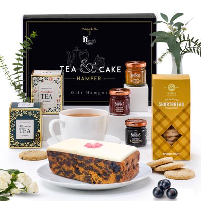 Hattie's Gifts Afternoon Tea Hamper for 2 Cake Gift Set English Tea, Iced Fruit Cake, Shortbread & Jams, Food Gift Box for Men & Women