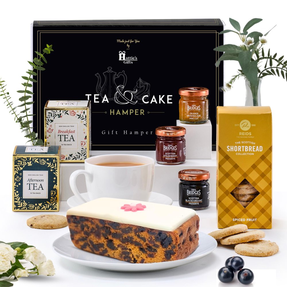 Hattie's Gifts Afternoon Tea Hamper for 2 Cake Gift Set English Tea, Iced Fruit Cake, Shortbread & Jams, Food Gift Box for Men & Women