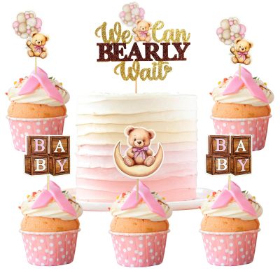 MEMOVAN Bear Baby Shower Cupcake Toppers 25pcs We Can Bearly Wait Cake Cupcake Topper Bear Cake Cupcake Decoration for Baby Girl We Can Bearly Wait Bear Theme Birthday Baby Shower Gender Reveal Party