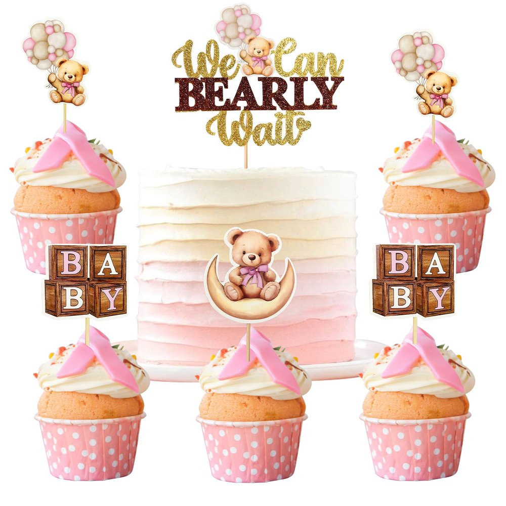 MEMOVAN Bear Baby Shower Cupcake Toppers 25pcs We Can Bearly Wait Cake Cupcake Topper Bear Cake Cupcake Decoration for Baby Girl We Can Bearly Wait Bear Theme Birthday Baby Shower Gender Reveal Party