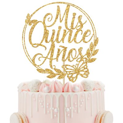 Mis Quince Anos Cake Topper, Feliz 15 Anos, 15th Birthday Cake Topper, Hello 15, Happy 15th Birthday Party Decorations (Gold Glitter)