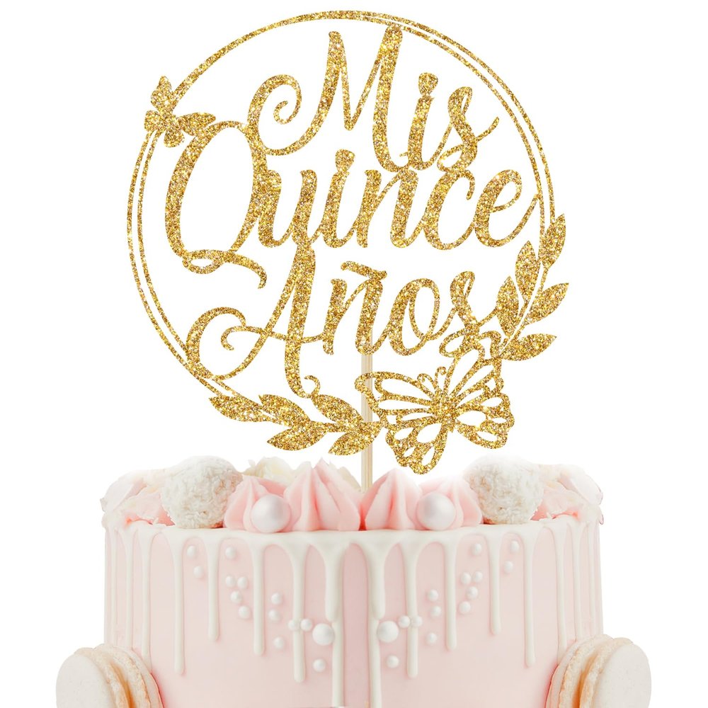 Mis Quince Anos Cake Topper, Feliz 15 Anos, 15th Birthday Cake Topper, Hello 15, Happy 15th Birthday Party Decorations (Gold Glitter)
