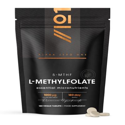 Folate (L-Methylfolate) 1000g 180 Vegan Tablets L-5-MTHF Active Form of Folic Acid/Vitamin B9 - Resealable and Recyclable Pouch by Alpha01
