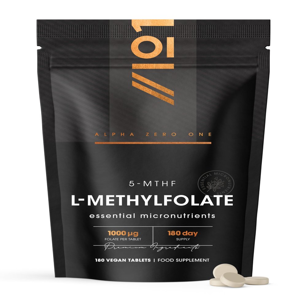 Folate (L-Methylfolate) 1000g 180 Vegan Tablets L-5-MTHF Active Form of Folic Acid/Vitamin B9 - Resealable and Recyclable Pouch by Alpha01