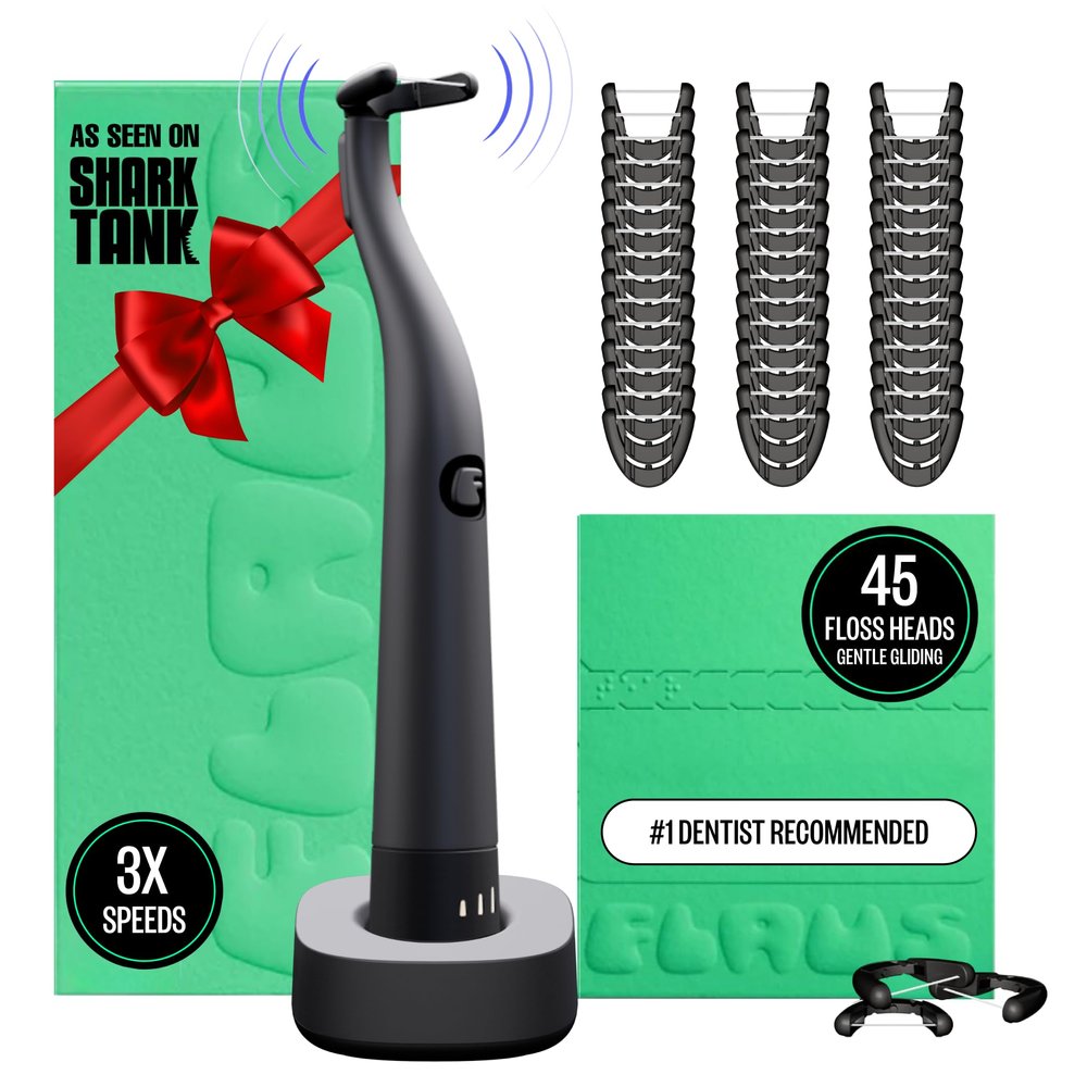 FLAUS Electric Flosser (Shark Tank) 3 Speeds + 45 Refill Heads w/Gentle Gliding Floss for Sensitive Gum Care - Water Flosser Alternative, Dentist Recommended Tooth Flossers, Eco Dental Floss Picks