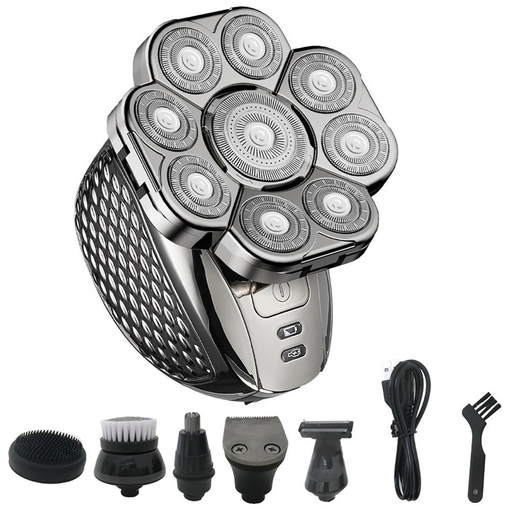 JQUAL Electric Razor for Men, 6 in 1 Men's Bald Head Electric Shaver 9 Blades Floating Heads Beard Nose Ear Hair Trimmer Clipper Facial Brush Rechargeable Razor