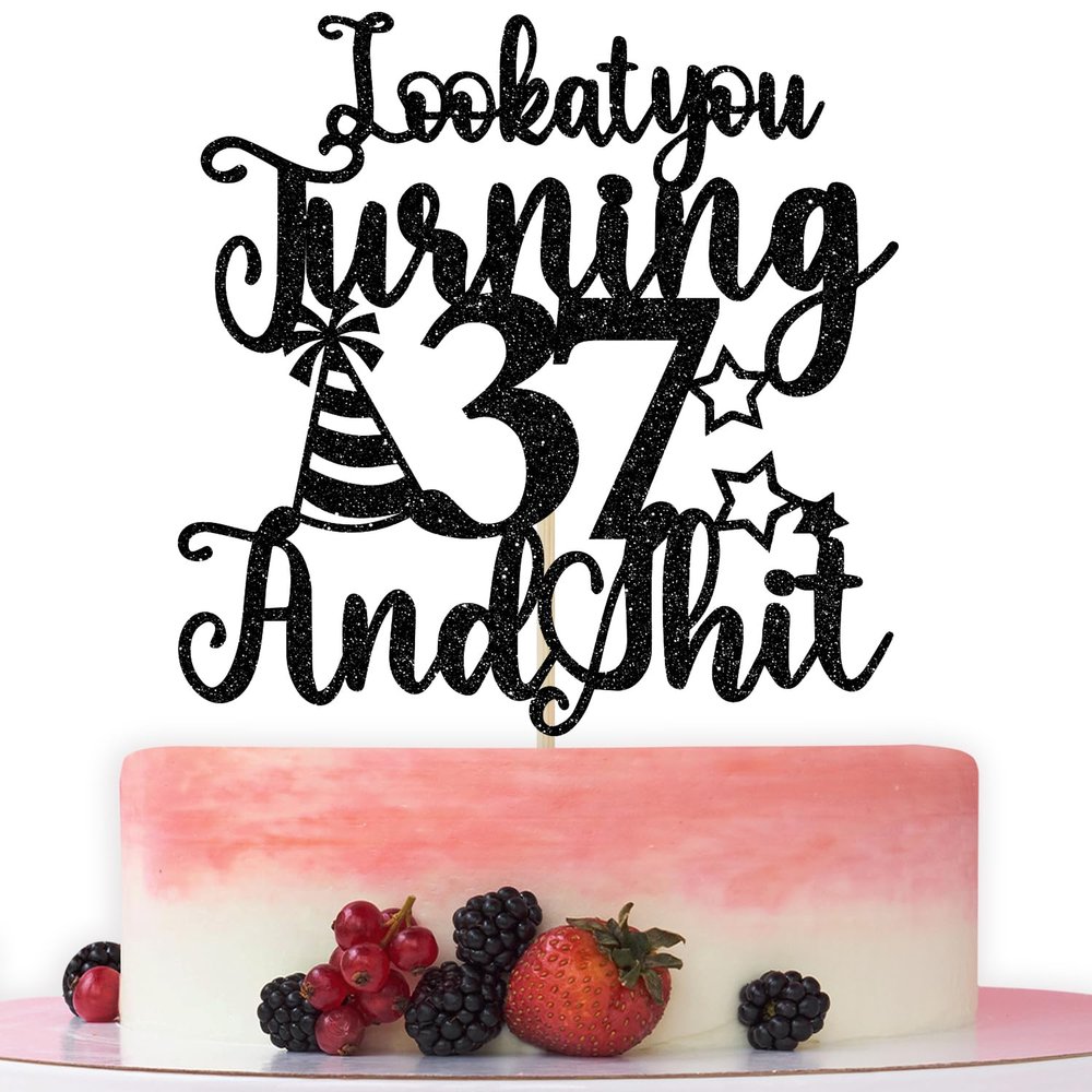 Happy 37th Birthday Cake Topper, 37th Birthday Cake Decor, Cheers to 37 Years, Hello 37, 37th Birthday Anniversary Party Decorations, Black Glitter
