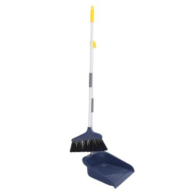 Soft Bristle Broom Dustpan Set with Long Ergonomic Handle Blue