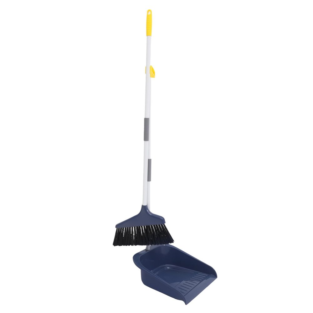 Soft Bristle Broom Dustpan Set with Long Ergonomic Handle Blue