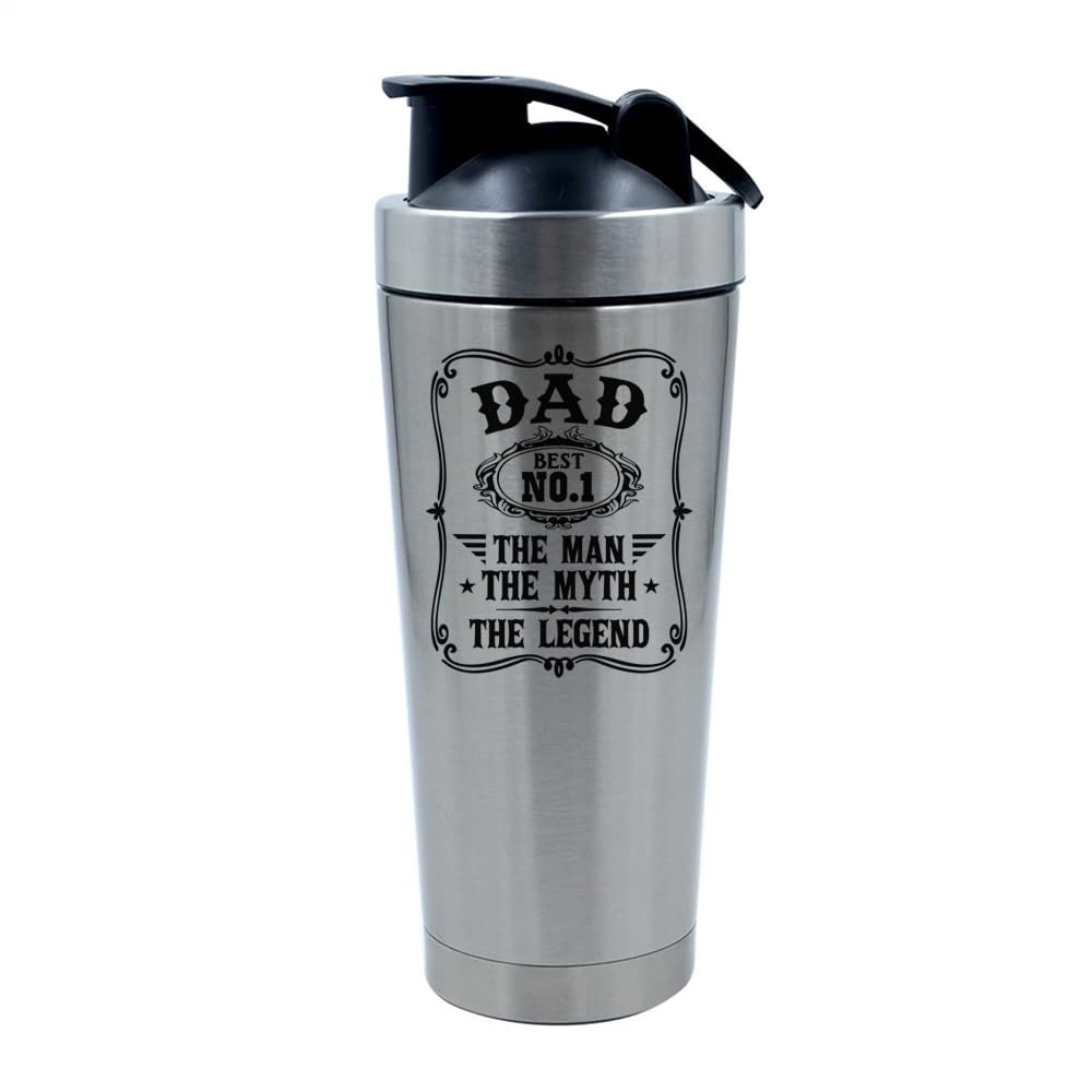 Getagift Best Dad Gift, The Man The Myth The Legend, Father's Day Gift, 500ml Aluminium Shaker Bottle for Supplement Shakes - Easy Clean, Durable Cup. (Silver)