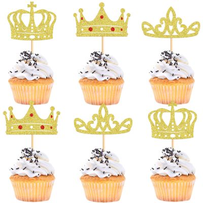 Cyodoos 24Pcs Gold Crown Cupcake Toppers Glitter Queen Crown Cupcake Baby Shower Wedding Birthday Party Cake Decorations Supplies