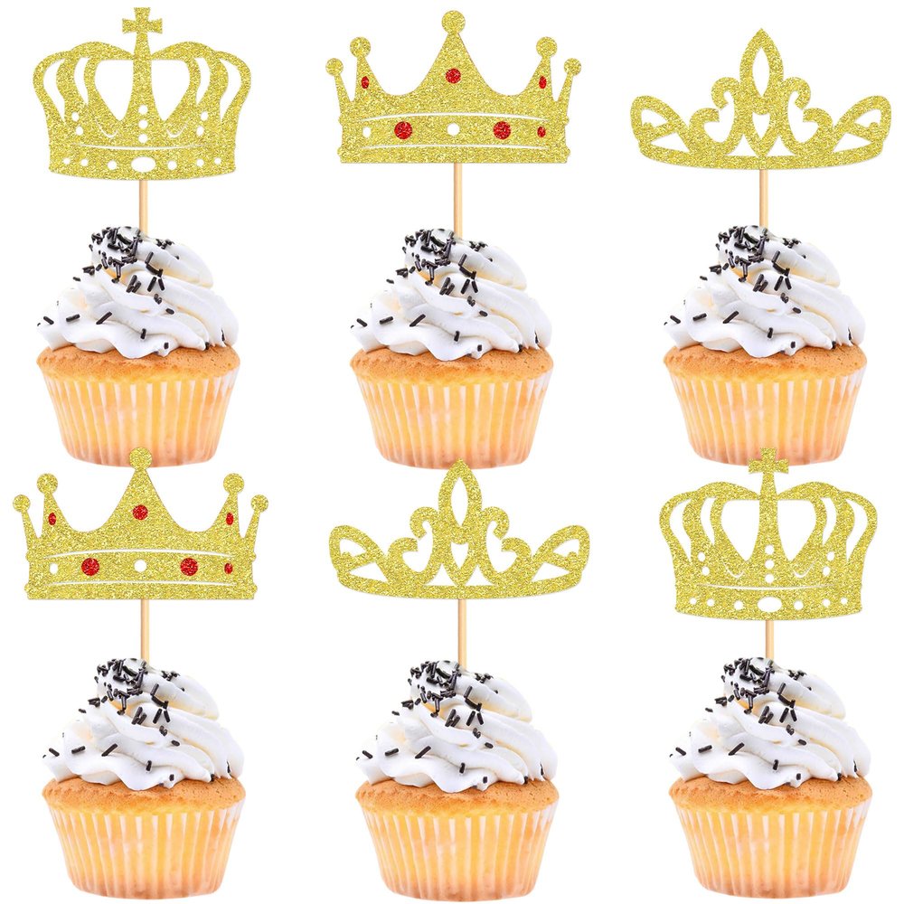 Cyodoos 24Pcs Gold Crown Cupcake Toppers Glitter Queen Crown Cupcake Baby Shower Wedding Birthday Party Cake Decorations Supplies