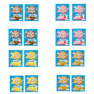 Asokobox Angel Delight 4 Flavour Variety Bundle - Makes 64 Servings - with Strawberry Mousse, Banana, Chocolate Mousse and Butterscotch - 16 Sachets Total - Bulk Buy