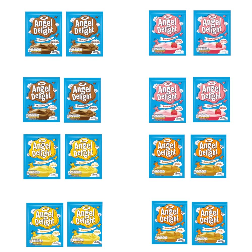 Asokobox Angel Delight 4 Flavour Variety Bundle - Makes 64 Servings - with Strawberry Mousse, Banana, Chocolate Mousse and Butterscotch - 16 Sachets Total - Bulk Buy