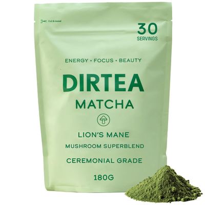 DIRTEA Matcha Powder Super Blend | Organic & Ceremonial Grade | Vegan & Non GMO | with Lion's Mane, Reishi & Tremella | for Skin, Focus and Long-Lasting Energy | Pouch 180g - 30 Day Serving