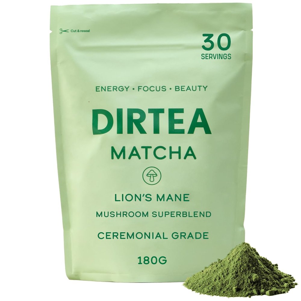 DIRTEA Matcha Powder Super Blend | Organic & Ceremonial Grade | Vegan & Non GMO | with Lion's Mane, Reishi & Tremella | for Skin, Focus and Long-Lasting Energy | Pouch 180g - 30 Day Serving