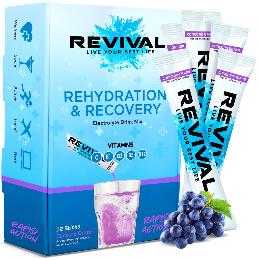 Revival Rapid Rehydration, Electrolytes Powder - High Strength Vitamin C, B1, B3, B5, B12 Supplement Sachet Drink, Effervescent Electrolyte Hydration Tablets - 12 Pack Concord Grape