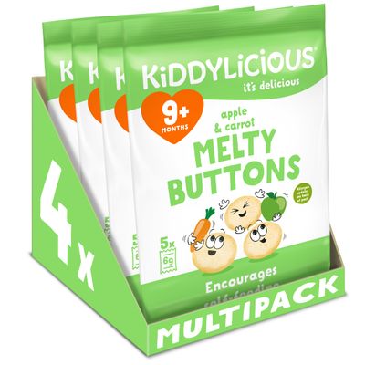 Kiddylicious Apple & Carrot Melty Buttons - Delicious Snacks for Kids - Suitable for 9+ Months - 4 Packs of 5 (20 Total)