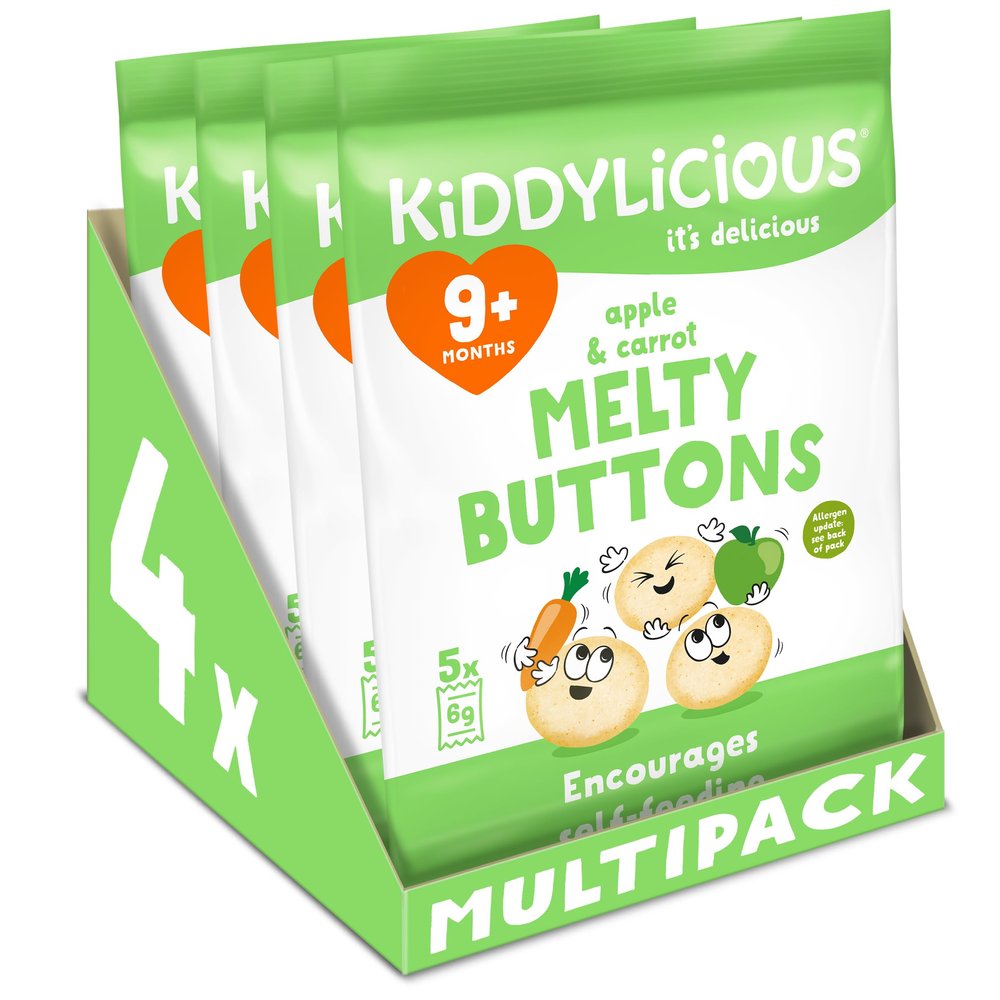 Kiddylicious Apple & Carrot Melty Buttons - Delicious Snacks for Kids - Suitable for 9+ Months - 4 Packs of 5 (20 Total)