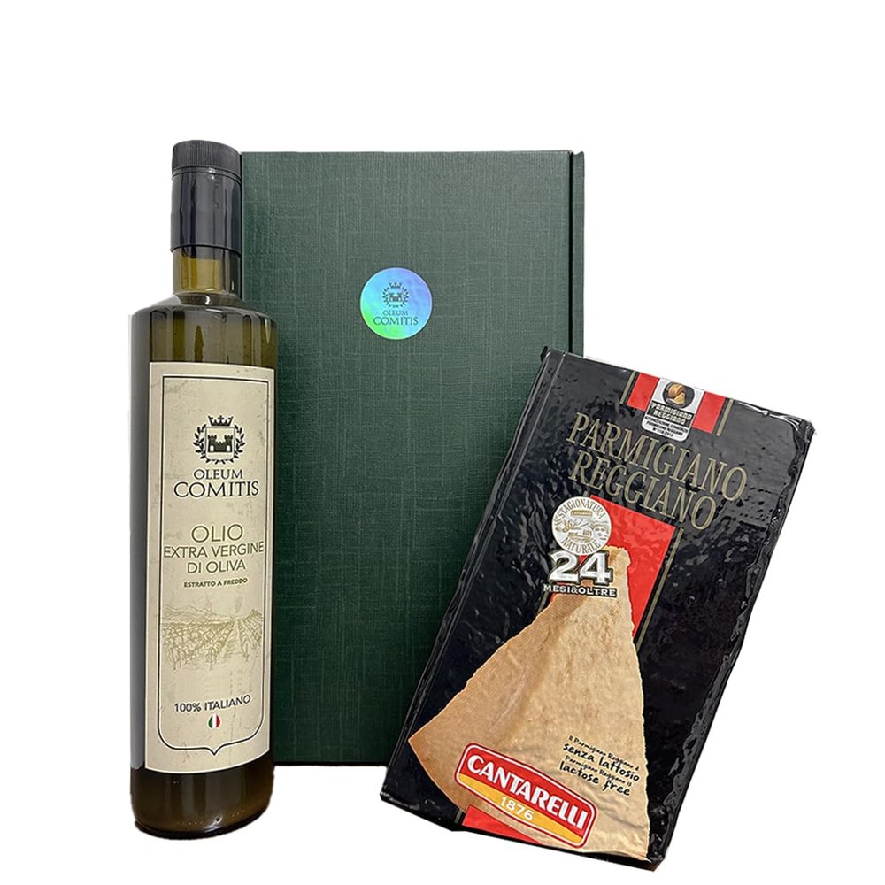 Oleum Comitis - Extra Virgin Olive Oil - 100% Italian Cold Extract - Gift Box with 750 ml Bottle and Parmigiano Reggiano Cantarelli 1876 Seasoned 24 Months 1 kg