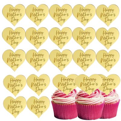 25Pcs Happy Mothers Day Cupcake Topper Acrylic Mirror Disc Heart Cake Engraved Cake Topper Cupcake Decorations for Mother's Day (Gold)