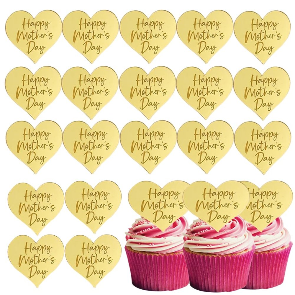 25Pcs Happy Mothers Day Cupcake Topper Acrylic Mirror Disc Heart Cake Engraved Cake Topper Cupcake Decorations for Mother's Day (Gold)