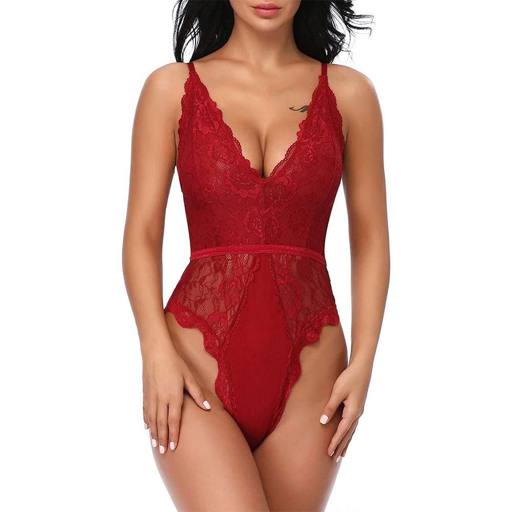QIUXWJSX Women's Bodysuit Sexy V-Neck Teddy Lingerie Lace Crotchless Backless Underwear Sleepwear Transparent Valentine's Day bodysuit/E/S