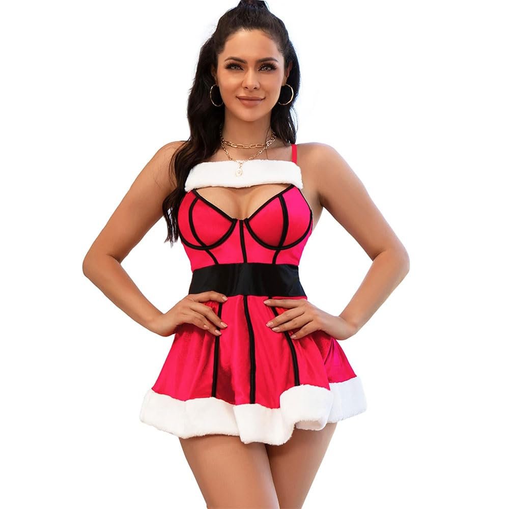 QIUXWJSX Women's Christmas Lingerie Set Halloween Christmas Sexy Velvet Dress Underwire Bra Fur Babydoll Lingerie 3XL-4XL Christmas Costume with Thong bodysuit/A/3XL