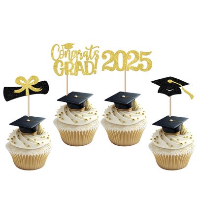 24 Pack 2024 Graduation Cupcake Toppers Glitter Class of 2024 Cupcake Picks Diploma Done Congrats Grad 2024 Cupcake Decorations for 2024 Graduation Theme Party Supplies Gold