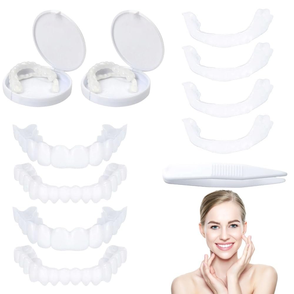 2 Pairs False Teeth Cosmetic Veneer Top and Bottom Natural Tone Instant Veneers Dental Silicone Tooth Whitening Temporary Dentures for Men and Women Perfect Smile