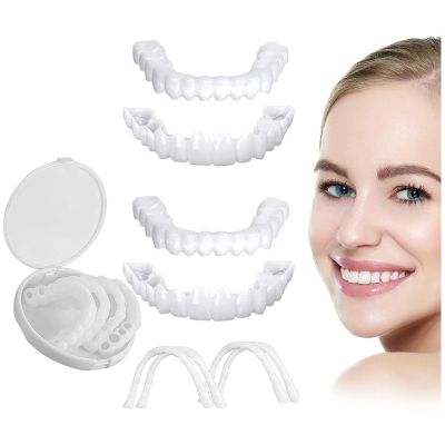 1 Pair Comfort Fit Flex Cosmetic Teeth Clip on Veneers Top and Bottom Set, Temporary Dentures Silicone for Men and Women, Protect Your Teeth and Regain Confident Smile