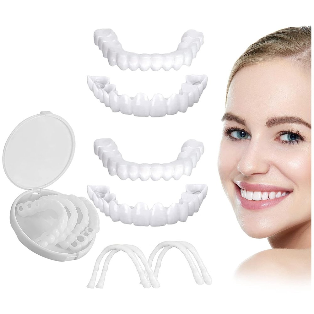 1 Pair Comfort Fit Flex Cosmetic Teeth Clip on Veneers Top and Bottom Set, Temporary Dentures Silicone for Men and Women, Protect Your Teeth and Regain Confident Smile