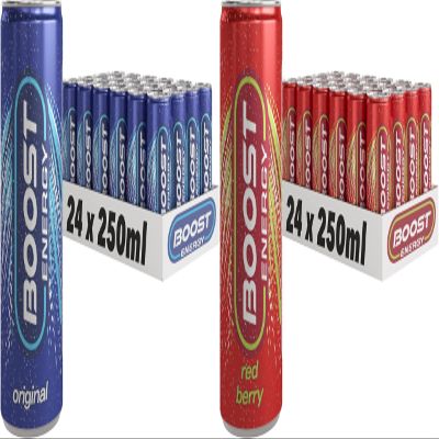 Boost Energy Drink, 250ml x 48 pack, (24 x Original & 24 x Red Berry) - Vegan Friendly Great Tasting Energy Boost, Only 50 kcals per can