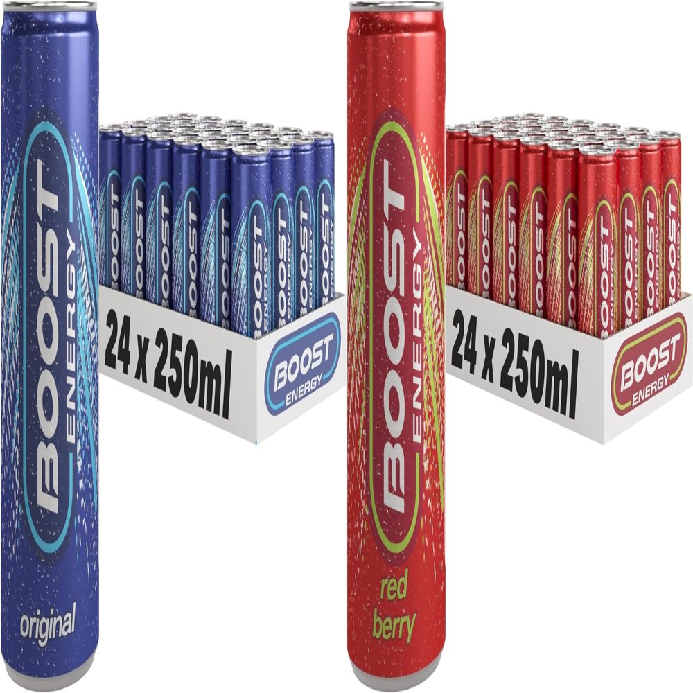 Boost Energy Drink, 250ml x 48 pack, (24 x Original & 24 x Red Berry) - Vegan Friendly Great Tasting Energy Boost, Only 50 kcals per can